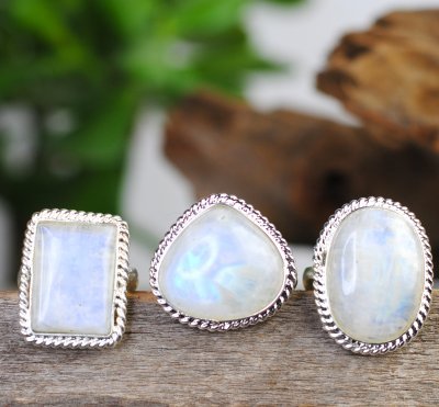 Moonstone, Rainbow Ring with silver plating